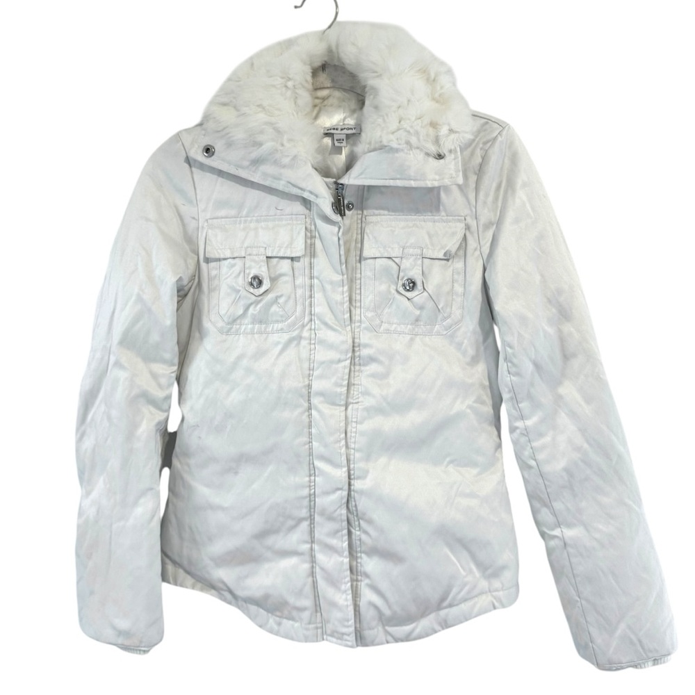 Bebe Sport Down Puffer Jacket Y2K Rabbit Fur Collar White Winter Coat FLAWS